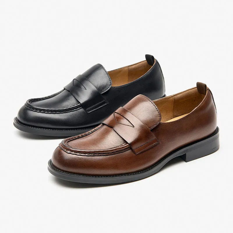 BeauToday Classic Soft Leather Penny Loafers with Round Toe for Women