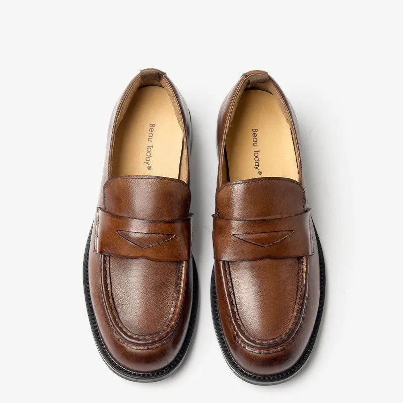 BeauToday Classic Soft Leather Penny Loafers with Round Toe for Women