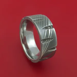 Damascus Steel Ring with Notched Out Wedges Inlay Custom Made Band