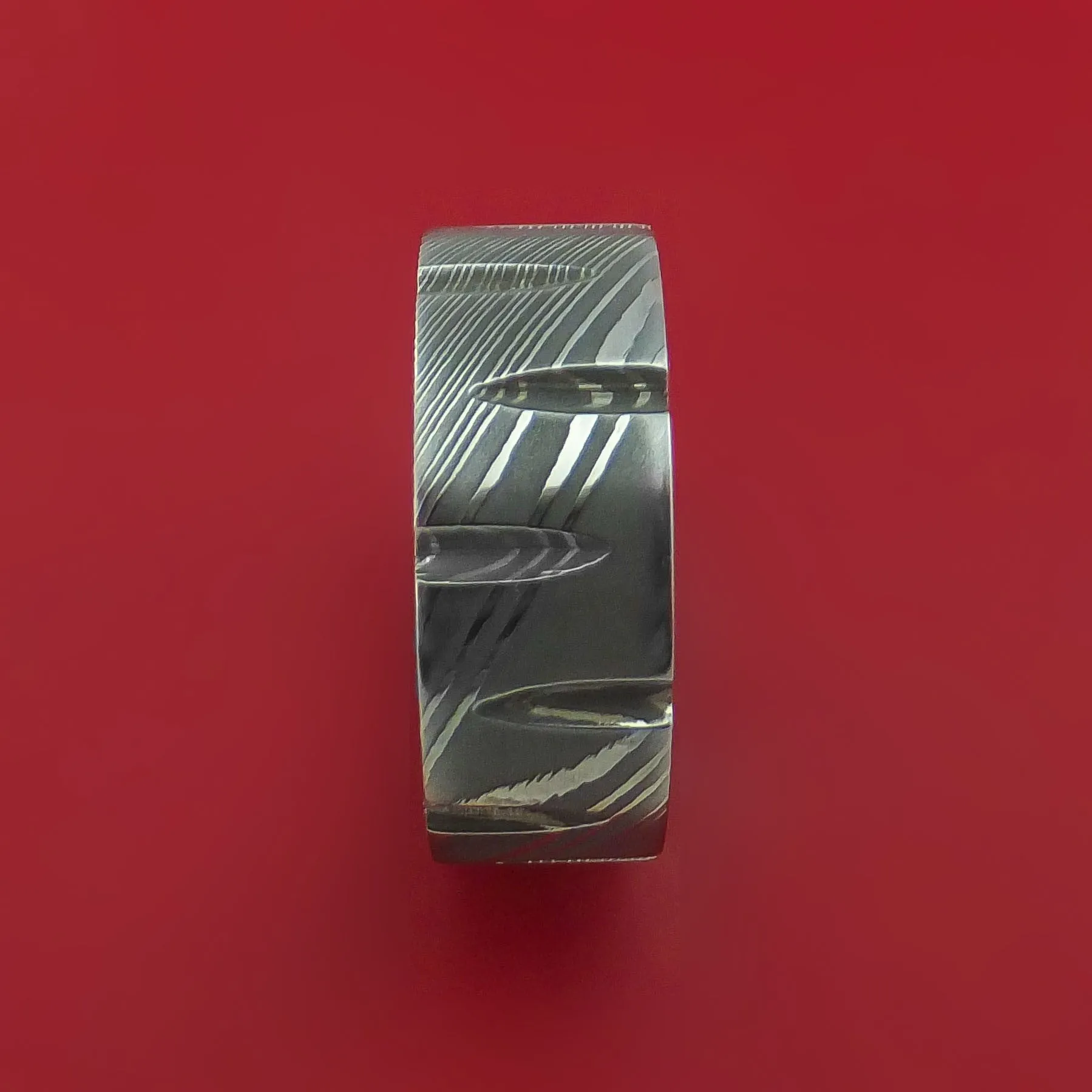 Damascus Steel Ring with Notched Out Wedges Inlay Custom Made Band