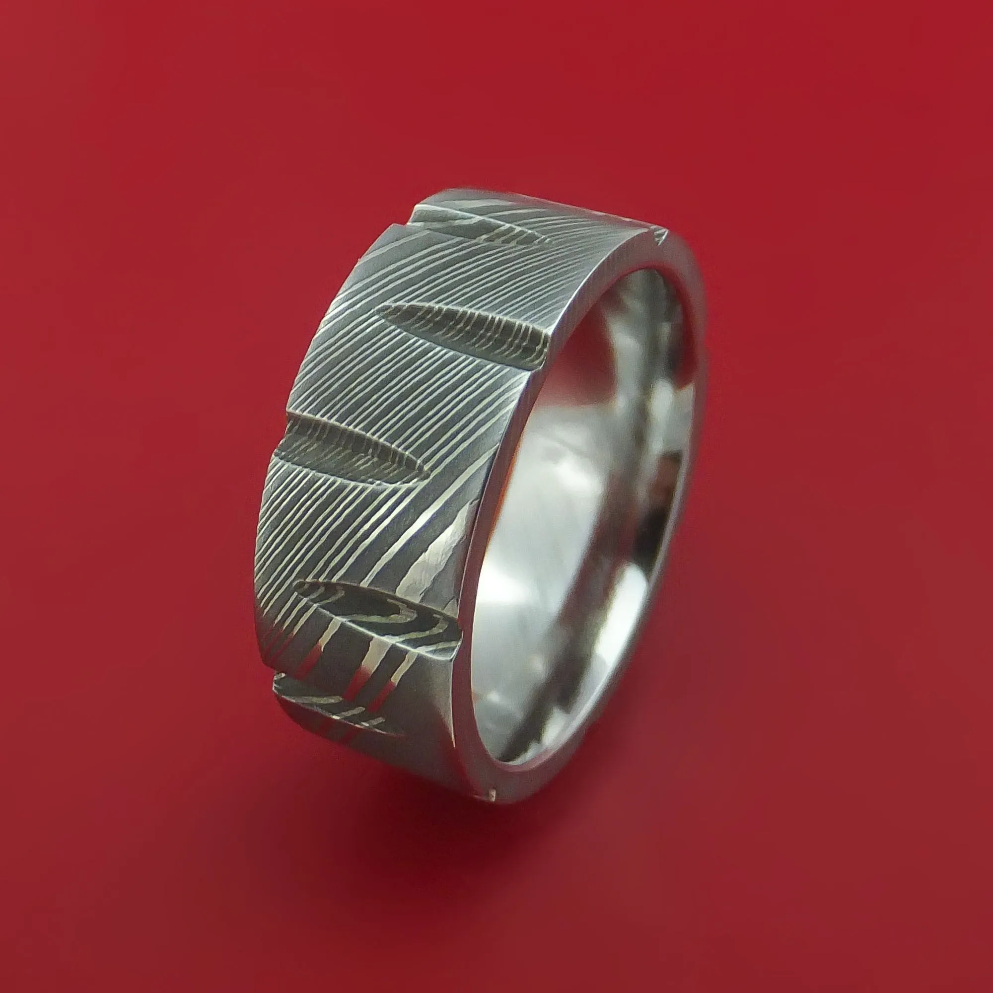 Damascus Steel Ring with Notched Out Wedges Inlay Custom Made Band