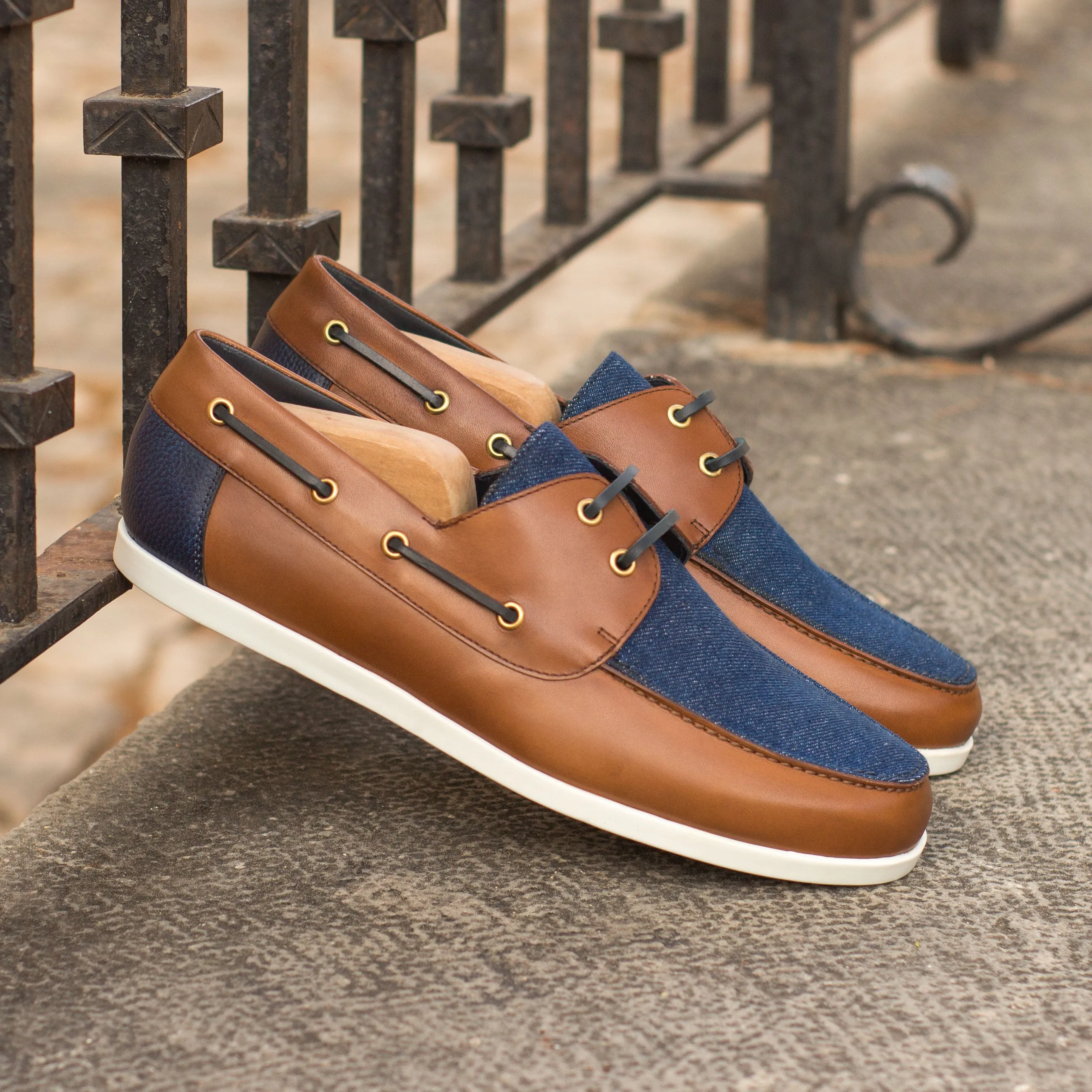 DapperFam Nauticus in Jeans / Med Brown / Navy Men's Sartorial & Italian Full Grain Leather Boat Shoe