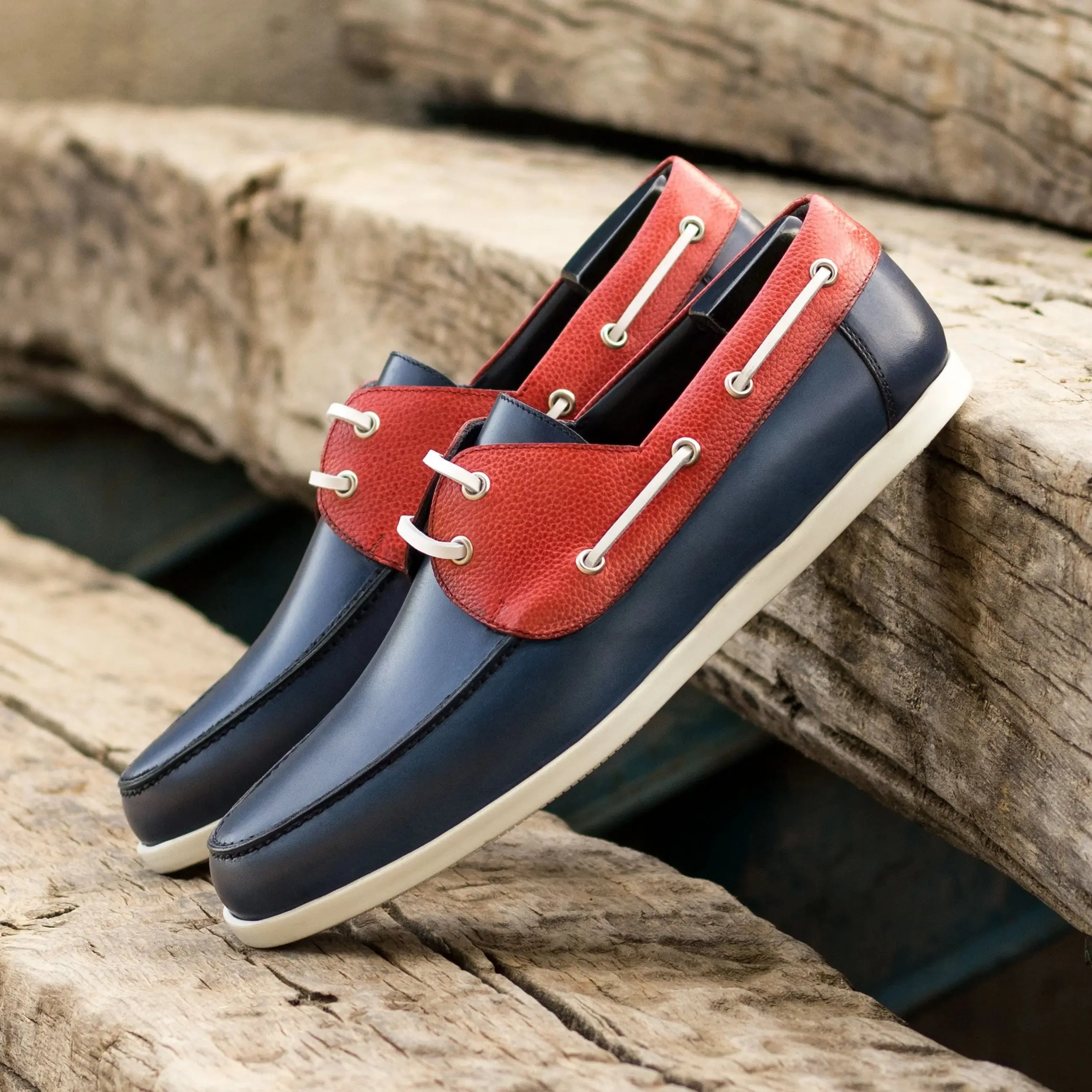 DapperFam Nauticus in Navy / Red Men's Italian Leather Boat Shoe