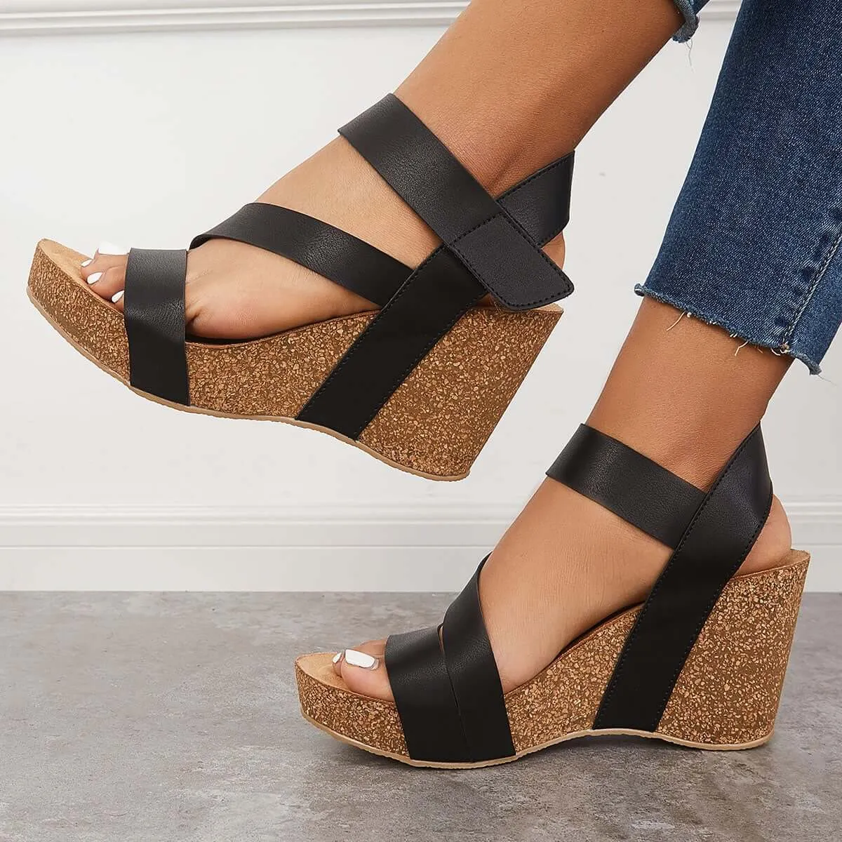 Sohiwoo  Women's Cork Platform Wedges Ankle Strap Slingback Sandals